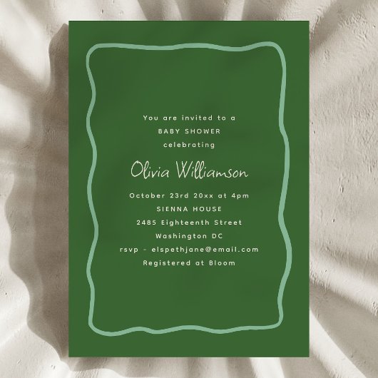 Green Whimsy Wavy Border Modern Script Baby Shower 招待状