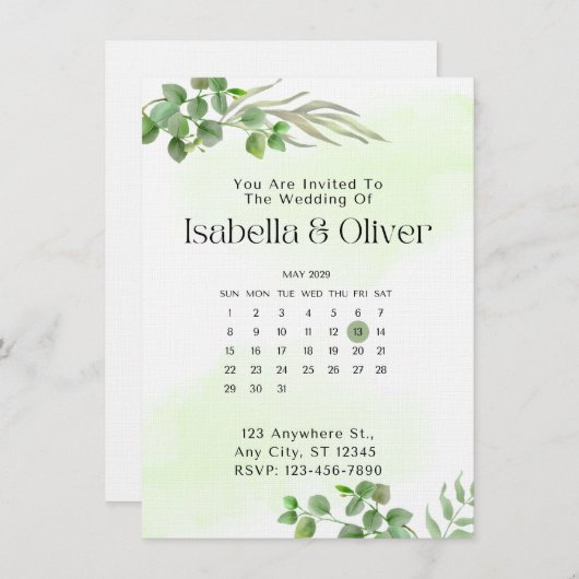 Green & White  Botanical Wedding invitation 招待状 (正面/裏面)