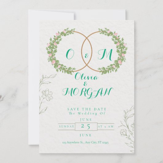 Green & White Botanical Wedding Invite 招待状 (正面)