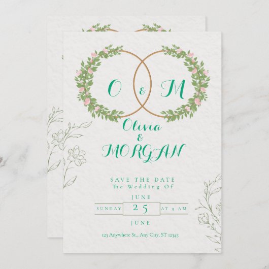 Green & White Botanical Wedding Invite 招待状 (正面/裏面)
