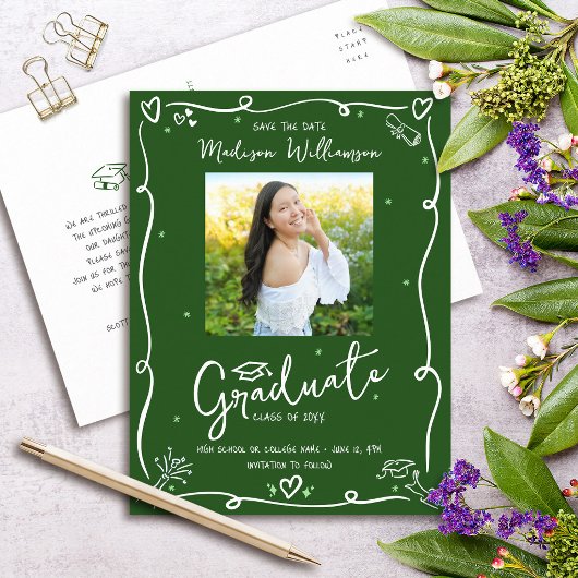 Green White Doodles Graduation Save the Date Photo インビテーションポストカード