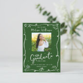 Green White Doodles Graduation Save the Date Photo インビテーションポストカード (スタンド正面)