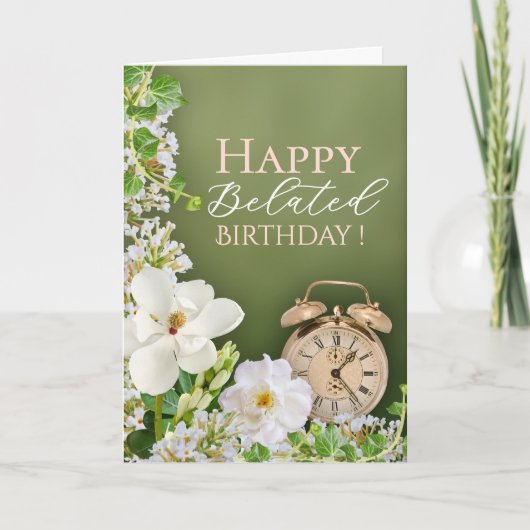 Green White Floral Botanical Belated Birthday Card カード (正面)