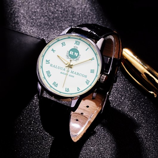 Green white Floral Monogram Letters  Couple Names 腕時計