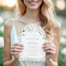 Green White Flowers Eucalyptus Rose Peony Wedding 招待状