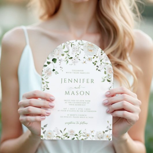 Green White Flowers Eucalyptus Rose Peony Wedding 招待状