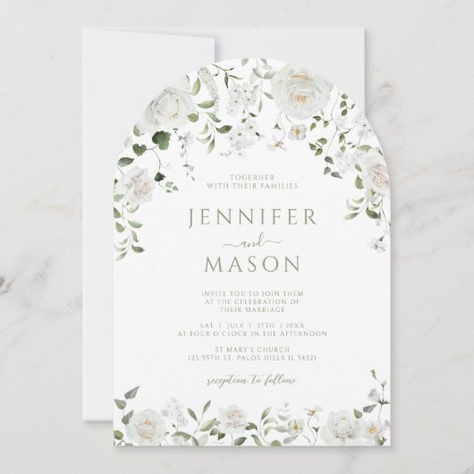 Green White Flowers Eucalyptus Rose Peony Wedding 招待状 (正面)