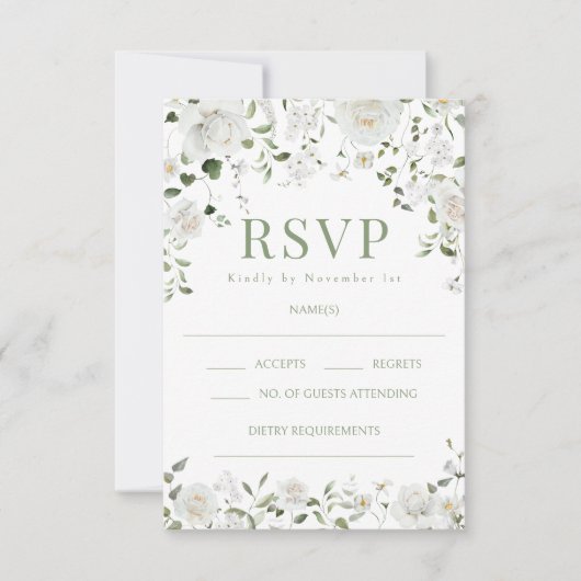 Green White Flowers Eucalyptus Wedding RSVP cards (正面)
