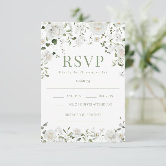Green White Flowers Eucalyptus Wedding RSVP cards (スタンド正面)