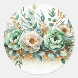Green White Gold Watercolor Foliage Floral ラウンドシール