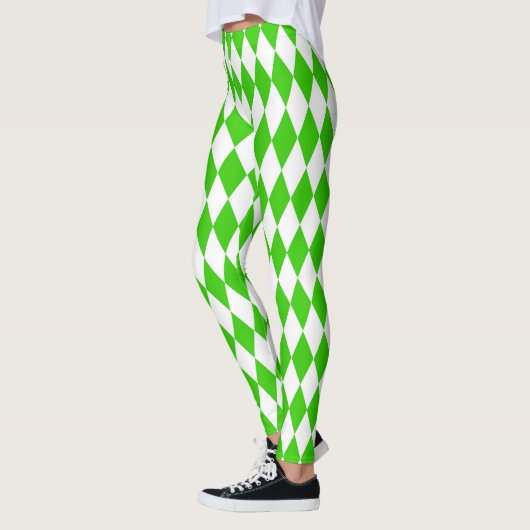 Green White Harlequin Diamonds Checkers Design  レギンス (左)
