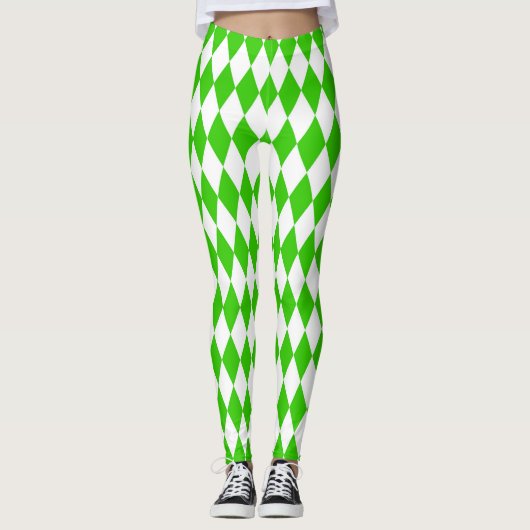 Green White Harlequin Diamonds Checkers Design  レギンス (正面)