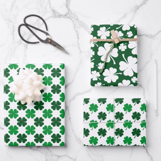 GREEN & WHITE IRISH CELTIC SHAMROCKS & PATTERNS ラッピングペーパーシート (正面)