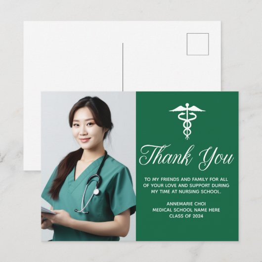 Green White Medical Caduceus Photo Thank You ポストカード (正面/裏面)