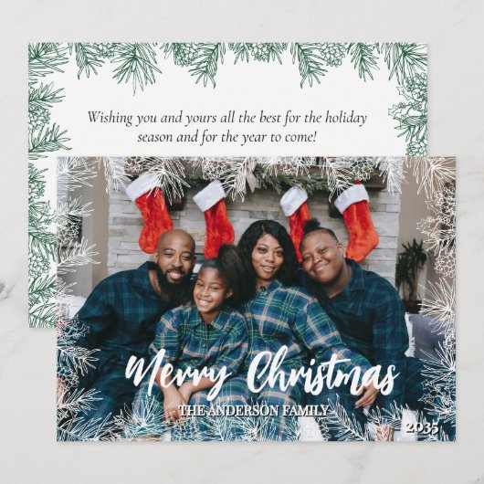 Green White Modern Elegant Family Photo Christmas シーズンカード (正面/裏面)
