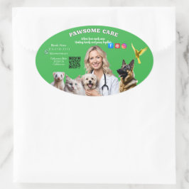Green White Pet Store Sign Dogs, Cats, Birds Vet  楕円形シール