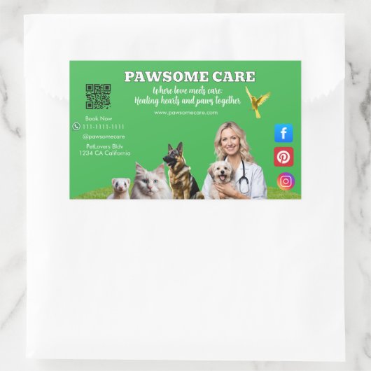 Green White Pet Store Sign Dogs, Cats, Birds Vet  長方形シール (バッグ)