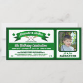 Green & White Photo Baseball Game Ticket Birthday 招待状 (正面)