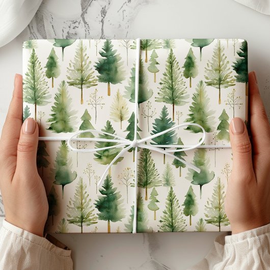 Green White Pine Tree Holiday Wrapping Paper ラッピングペーパー