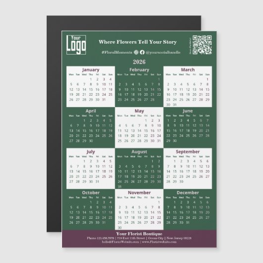 Green, White, Pink Your Logo 2026 Magnet Calendar (正面/裏面)