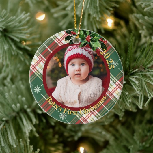 Green White Plaid | Baby's First Christmas Photo セラミックオーナメント (ツリー)
