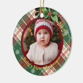 Green White Plaid | Baby's First Christmas Photo セラミックオーナメント (左)