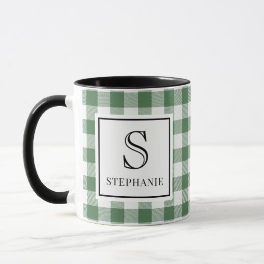 Green & White Plaid Black Typography Monogram Name マグカップ (左)