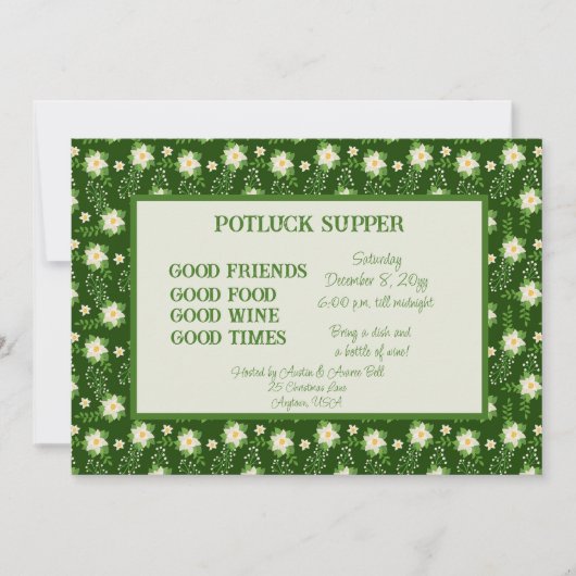 Green White Poinsettia Christmas POT LUCK Supper 招待状 (正面)