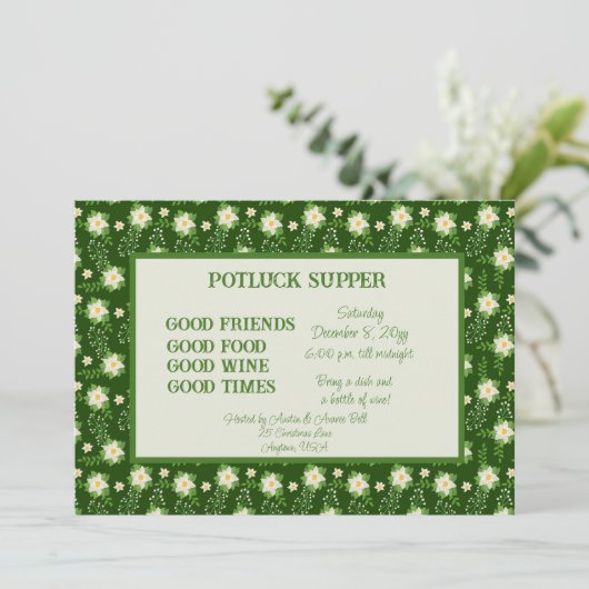 Green White Poinsettia Christmas POT LUCK Supper 招待状 (スタンド正面)