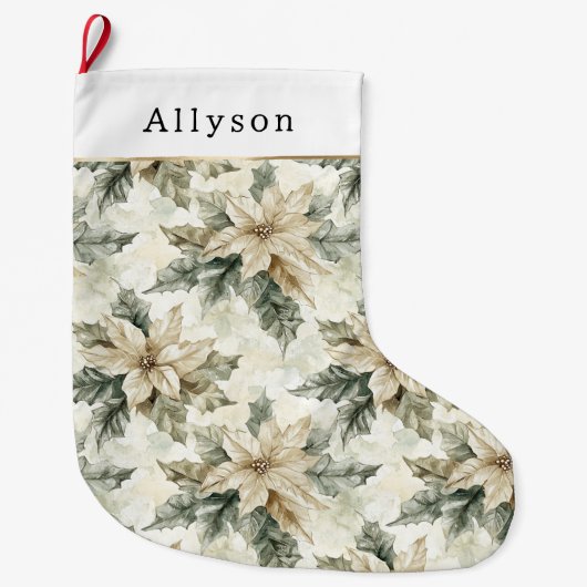 Green White Poinsettia Floral Christmas   ラージクリスマスストッキング (正面)