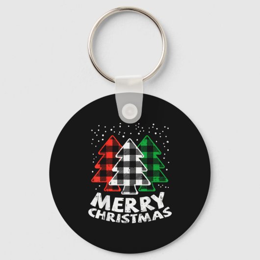Green White Red Buffalo Plaid Merry Christmas Tree キーホルダー (正面)