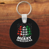 Green White Red Buffalo Plaid Merry Christmas Tree キーホルダー (正面)
