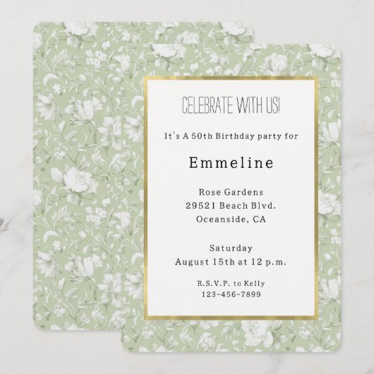 Green White Romantic Floral Birthday 招待状 (正面/裏面)