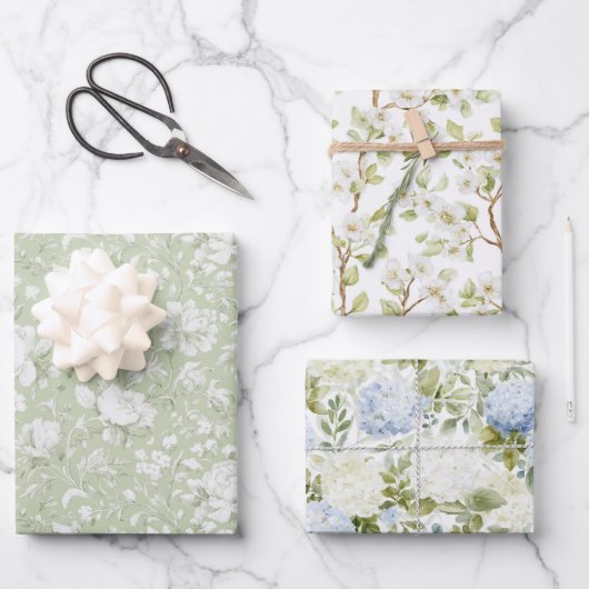 Green White Romantic Floral Bridal Shower ラッピングペーパーシート (正面)