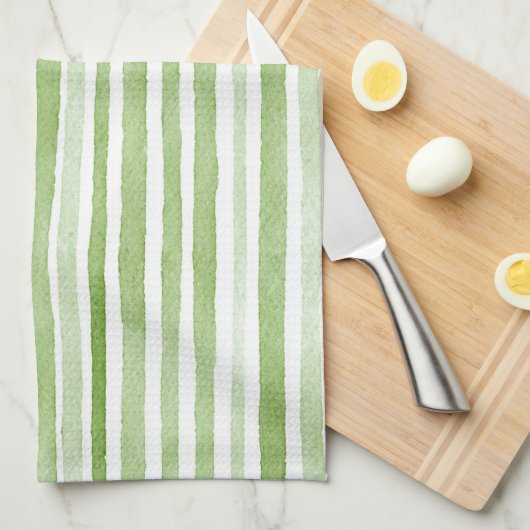Green White Stripes キッチンタオル (四つ折り)