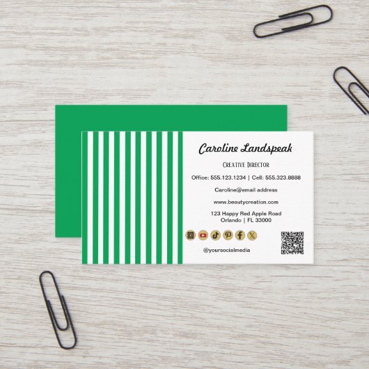 Green White Stripes & QR Code & Social Media Icon 名刺 (正面/裏面インサイチュ)