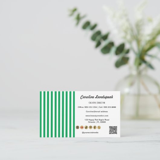 Green White Stripes & QR Code & Social Media Icon 名刺 (スタンド正面)