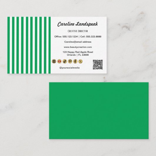 Green White Stripes & QR Code & Social Media Icon 名刺 (正面/裏面)
