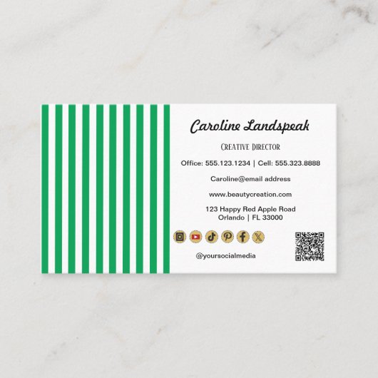 Green White Stripes & QR Code & Social Media Icon 名刺 (正面)