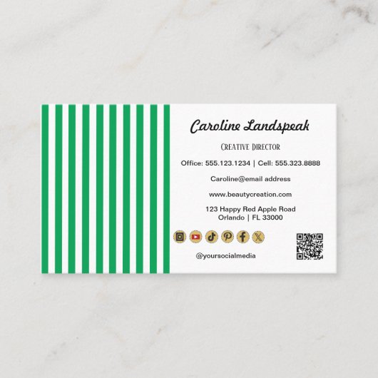 Green White Stripes & QR Code & Social Media Icons 名刺 (正面)