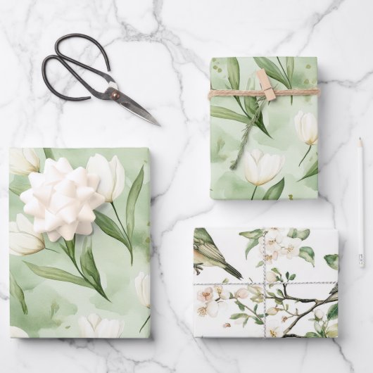 Green White Tulip Flowers Bridal Shower ラッピングペーパーシート (正面)
