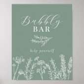 Green Wildflower Bridal Shower Bubbly Bar Sign ポスター (正面)