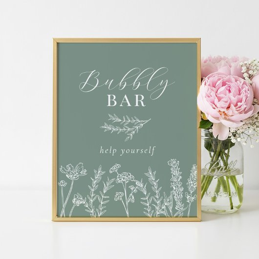 Green Wildflower Bridal Shower Bubbly Bar Sign ポスター