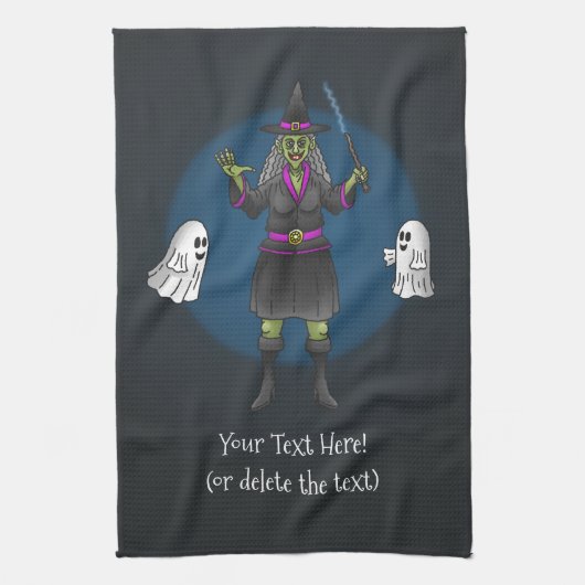 Green Witch and Ghosts Halloween Party キッチンタオル (縦)