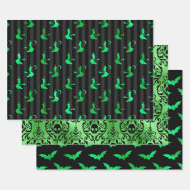 Green Witch, Skull and Bat Halloween Patterns ラッピングペーパーシート