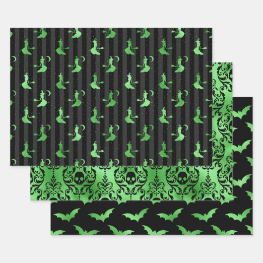 Green Witch, Skull and Bat Halloween Patterns ラッピングペーパーシート (セット)