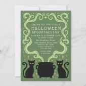 Green Witchy Black Cat Cauldron Halloween Party 招待状 (正面)