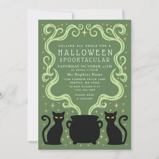 Green Witchy Black Cat Cauldron Halloween Party 招待状 (正面)