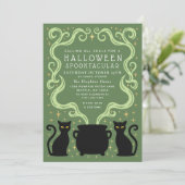 Green Witchy Black Cat Cauldron Halloween Party 招待状 (スタンド正面)