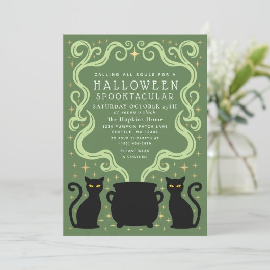 Green Witchy Black Cat Cauldron Halloween Party 招待状 (スタンド正面)